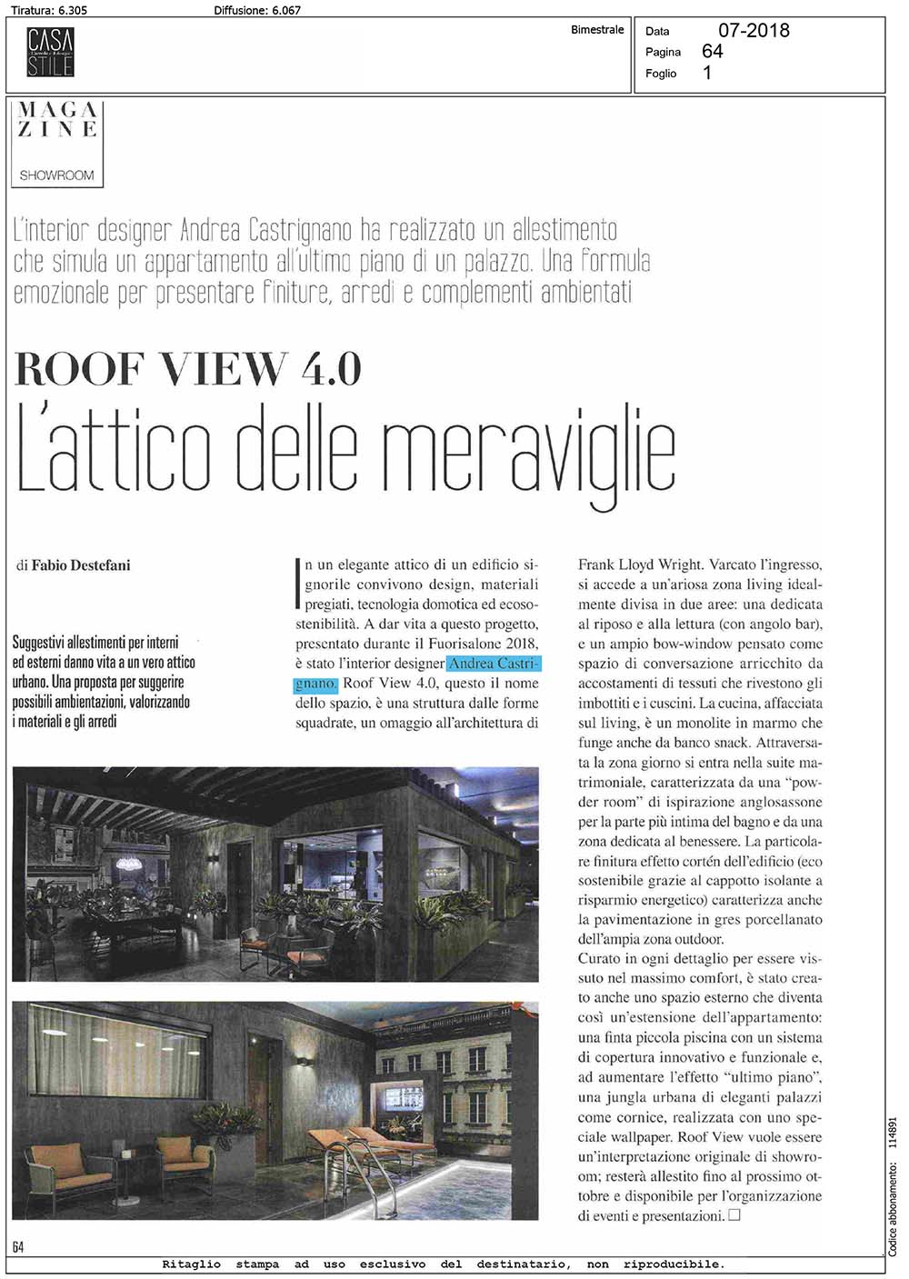 Roof View 4.0 di Andrea Castrignano su Casa Stile luglio 2018